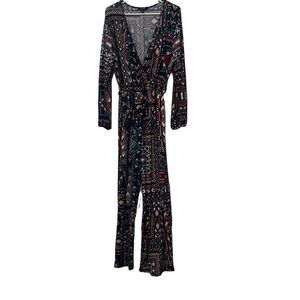 Impulsive 2X Blue Red Faux Wrap Jumpsuit Aztec Tribal Print V Neck Stretch